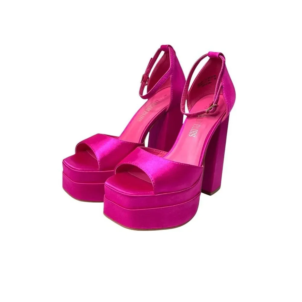 NEW Dream Pairs satin chunky platform heels pumps Size 6 fuchsia hot pink barbie
